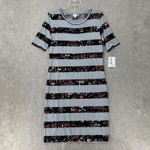 NWT LuLaRoe Julia Dress‎ 2XL Gray Floral Striped Knee Length Casual